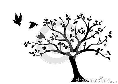 Flying Birds On Tree Vector, Tree with heart, Wall Decals, Wall Decor, Flying Birds Silhouette, Birds on Branch Vector Illustration