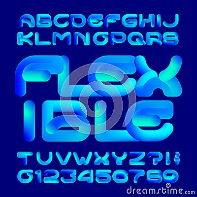 Flexible alphabet font. 3D neon color letters and numbers. Vector Illustration