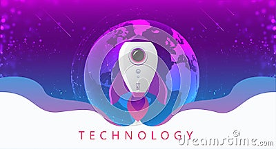 Concept of digital technology. Rocket flying from earth to space. Theme background with light effect Vector Illustration