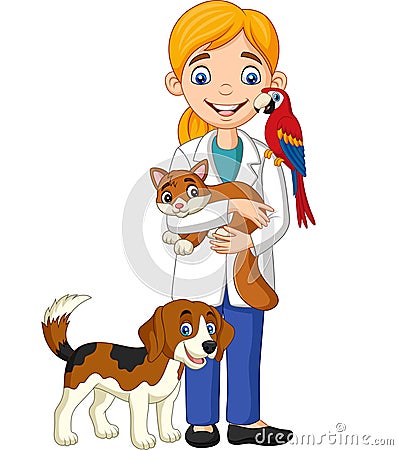 Cartoon female veterinarian examining pets Vector Illustration