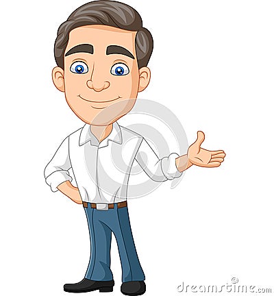 Cartoon happy young businessman presenting Vector Illustration