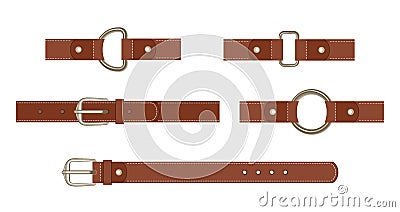 Brown leather belt with buttoned steel buckle, unbuttoned and with different metal haberdashery accessories Vector Illustration