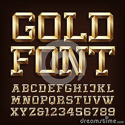 Gold alphabet font. 3d gold letters and numbers with bevel. Vector Illustration