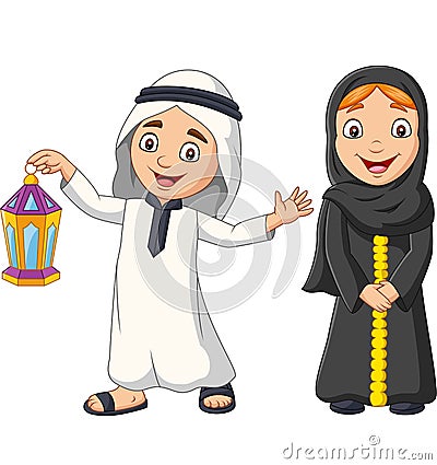 Happy Arab Muslim kids with Ramadan Lantern Vector Illustration