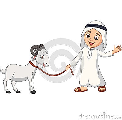 Cartoon Arab Muslim boy with a goat Vector Illustration