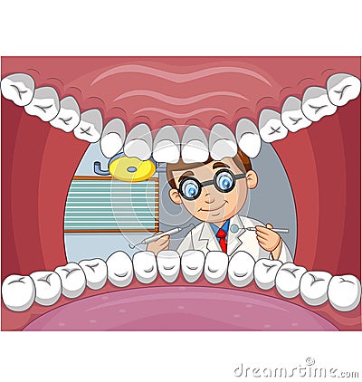 Cartoon dentist check tooth into open mouth of patient Vector Illustration