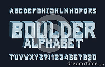 Boulder alphabet font. 3D Cracked letters and numbers. Vector Illustration