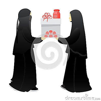 Muslim woman, sisters give a gift to each other Vector Illustration