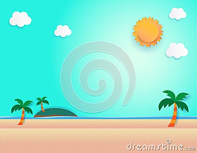 Beautiful sun rise at beach, sea view and sun rise seascape. paper cut and craft style. vector, illustration. Vector Illustration