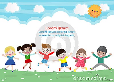 Kids jumping on the park, children jump with joy, happy cartoon child playing on the playground, isolated background Template Vector Illustration