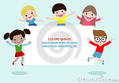 Happy children holding blank signs poster. Template for advertising brochure. Ready for your message. Space for text. cartoon kids Vector Illustration