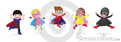 Cartoon set of Kids Super heroes wearing comics costumes. children in Superhero costume characters isolated on white background, v Vector Illustration