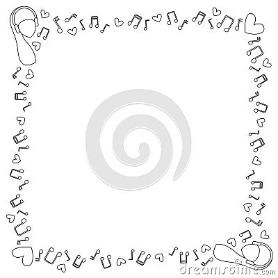 Square black and white frame of musical notes, hearts and women`s heads in the headphones. Coloring. Vector Illustration