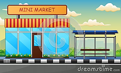 Cartoon mini market building near a bus stop Vector Illustration