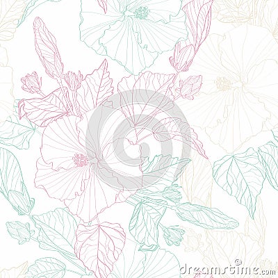 Tropical seamless pattern with mint, beige, pink line exotic plants Stock Photo