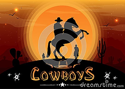 Silhouette of cowboy Cowboys on horseback at sunset or dawn Wild west sunset landscape American Cowboy riding horses at sunset Vector Illustration