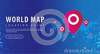 Map, world map and red pinpoint on location point Vector Illustration