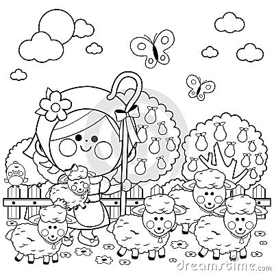 Shepherdess girl and her sheep at the farm. Vector black and white coloring page. Vector Illustration