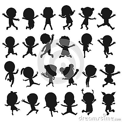 Big Group of black children silhouette playing jumping, kids silhouettes dancing, child silhouettes jumping on white background Vector Illustration