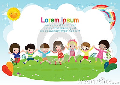 Group of happy kids playing together, Children Holding hands and jumping on a meadow. summertime Template for advertising brochure Vector Illustration