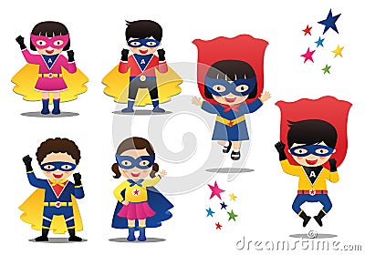 Cartoon vector illustration of Superhero kids boys and girls wearing colorful costumes Cartoon Illustration