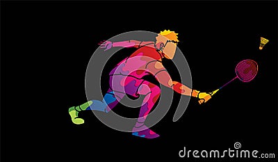 Badminton male player action with racket and shuttlecock cartoon graphic Vector Illustration