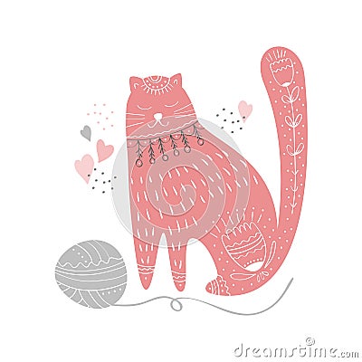 Cute cat handdrawn childish indian style character Vector Illustration