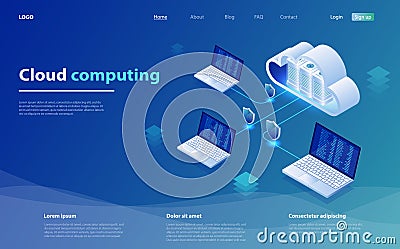 Cloud Computing Concept. Cloud computing technology users network configuration isometric advertisement poster. Vector Illustration