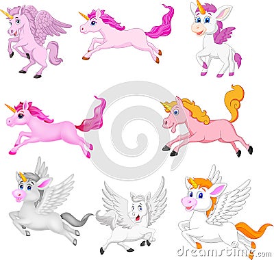 Set of cute cartoon unicorns isolated on a white background Vector Illustration