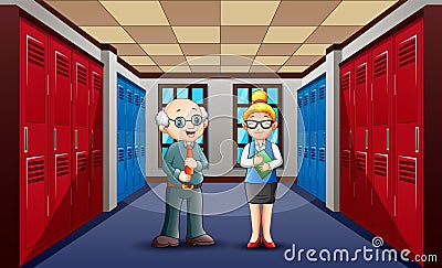 A male and female teacher talking in a school hallway Vector Illustration