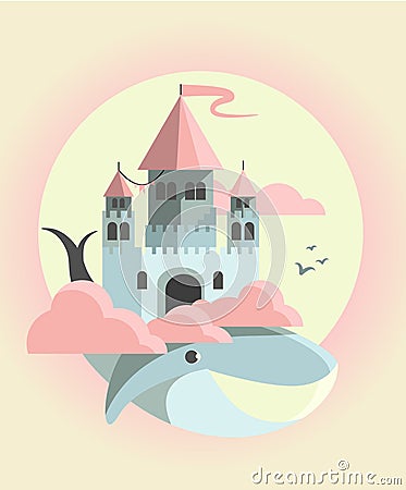 Flying castle in the morning on a whale in the clouds Vector Illustration