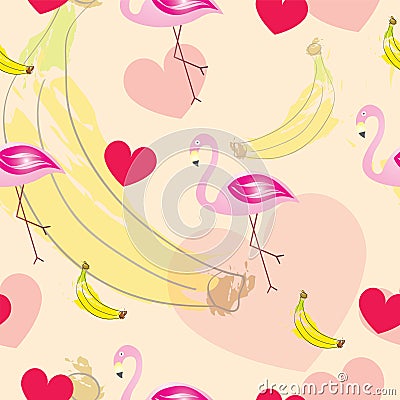Seamless pattern with flamingos - hearts and bananas vector - summer theme Vector Illustration