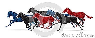 Group of seven horses running cartoon graphic Vector Illustration