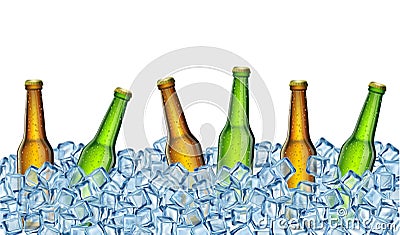 Beer bottles on ice. Realistic Vector Illustration. Vector Illustration