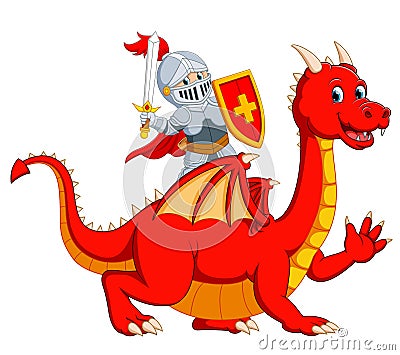 the knight holding sword on the big red dragon Vector Illustration