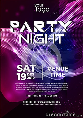 Purple modern night glow light party music night poster template. Vector Illustration