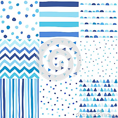 Seamless pattern in doodle style. Hand drawn baby boy blue color pattern set Vector Illustration