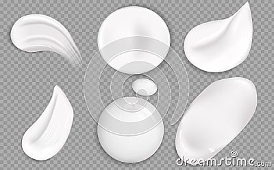 Set of cosmetic white cream texture. Cosmetic cream smears realistic icon set. Smears of thick white cosmetic cream. Vector Illustration