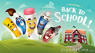 Back to School! Funny cute cartoon school stationery character. Vector Illustration