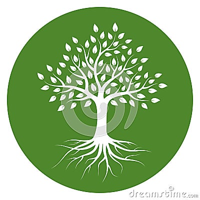 Silhouette of a tree with roots and leaves in circle. White color on green background. Vector Illustration