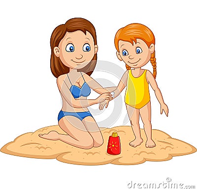 Mother applying sunblock to her girl Vector Illustration