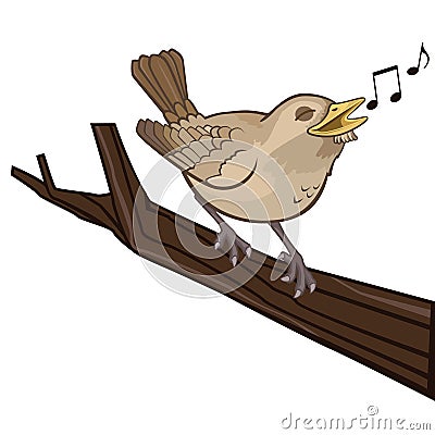 Cute Nightingale Singing on a Branch Vector Cartoon Illustration Isolated on White Vector Illustration