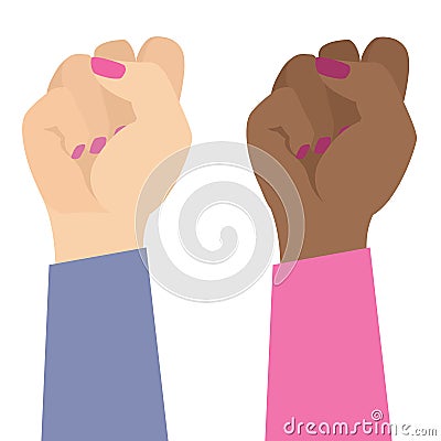 Interracial Woman Hands Gesturing Fist Protest Fight For Rights Flat Vector Illustration Isolated on White Vector Illustration