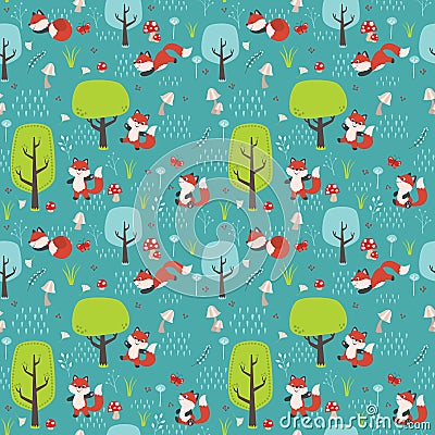 Seamless Forest Pattern with Foxes, Trees, Mushrooms, Flowers, Butterflies and Grass Flat Vector Illustration Vector Illustration