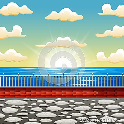 Background cartoon a beautiful sunrise sea scene Vector Illustration