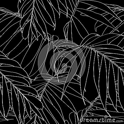 Nature seamless pattern. Hand drawn tropical summer background: white palm tree leaves, line art. Vector Illustration