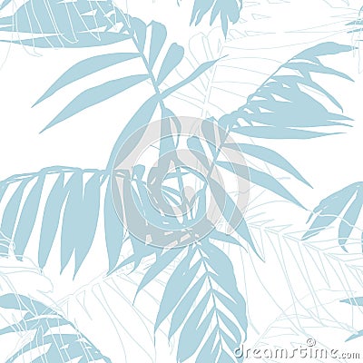 Nature seamless pattern. Hand drawn tropical summer background: baby blue palm tree leaves, line art. Stock Photo