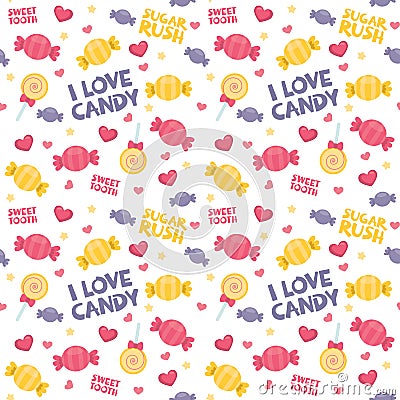 Colorful Sweets: Wrapped Candy, Lolly Pop, Pink Hearts and Candy Text Seamless Pattern Isolated on White Vector Illustration Vector Illustration