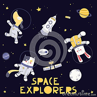 Animal Space Explorers in Space on Dark Background Dog Cat and Rabbit Astronauts Vector Illustration Design Elements Set Vector Illustration