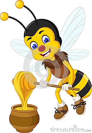 Funny Flying Yellow Bee With Honey Cartoon Stock Photo